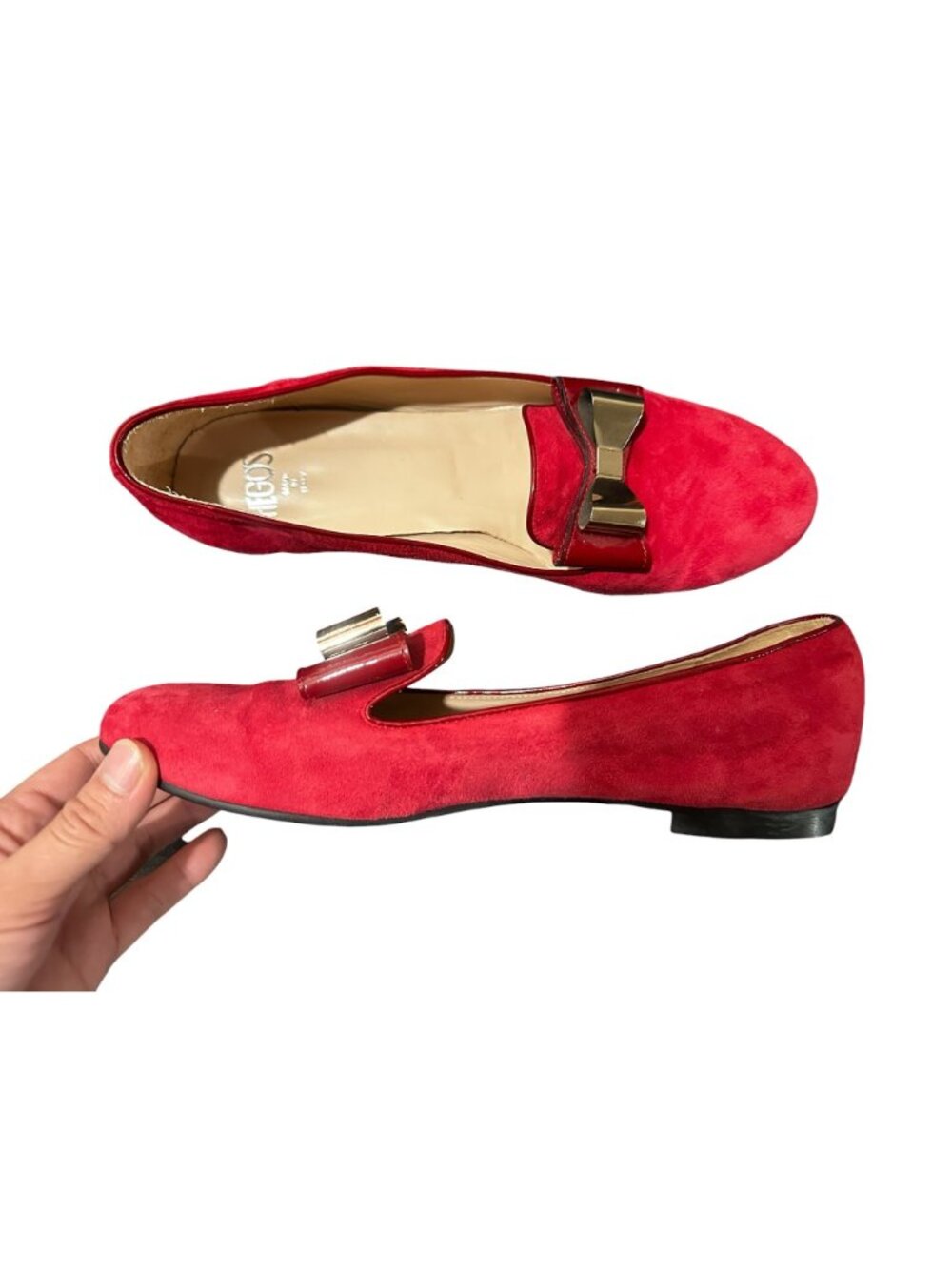 HEGOS Italy Real Suede Ballet Flat Loafers Womens 41 10 Red Bow Classic Preppy - Picture 10 of 14